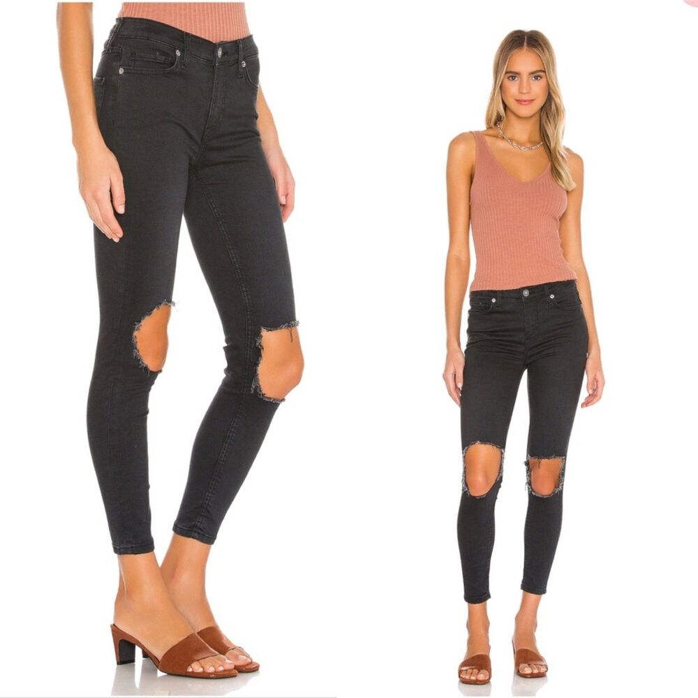 FREE PEOPLE Black High Rise Busted Skinny Distressed Stretch Denim Jeans SIZE 27